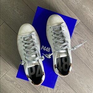 P448 White Sneakers with Glittery Silver Laces